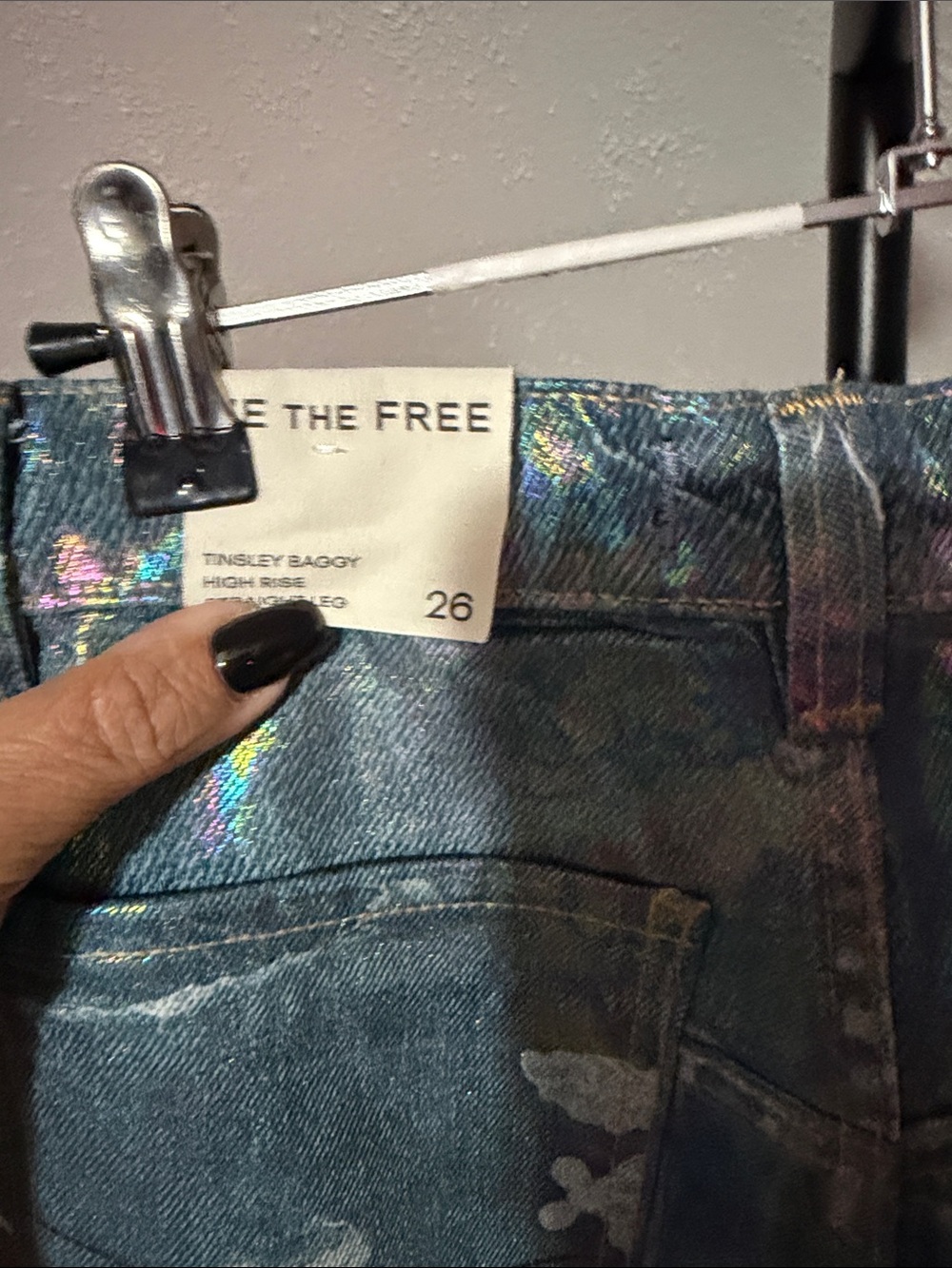 We The Free Holographic Blue Bootcut Jeans with White Lace Appliqué - Picture 3 of 4